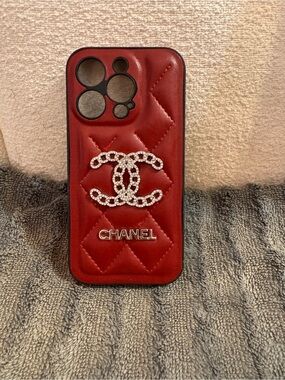 Red Quilted Rhinestone CC Logo iPhone Case with Nameplate